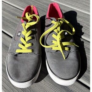 DC Youth 6.5 Gray Low Top Skate Shoes Suede Upper Yellow Bright pink